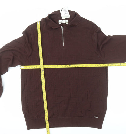 Marks and Spencer Men Brown L 1/2 Zip Cotton Jumper