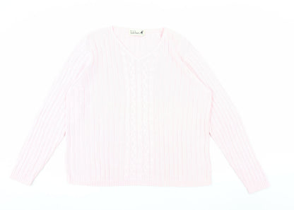 Tulchan Women Pink Cotton V-Neck Cable Knit Jumper Size L