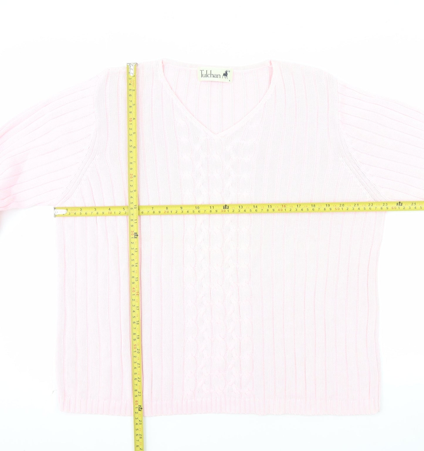 Tulchan Women Pink Cotton V-Neck Cable Knit Jumper Size L
