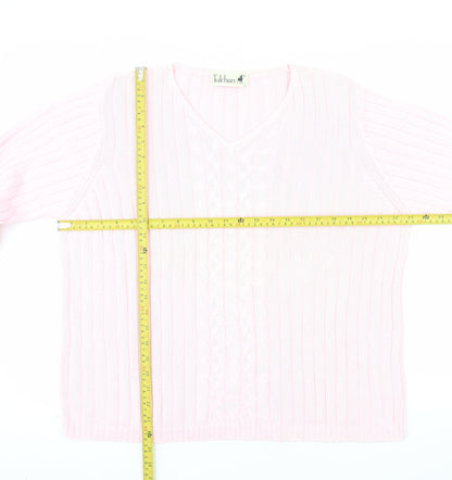 Tulchan Women Pink Cotton V-Neck Cable Knit Jumper Size L