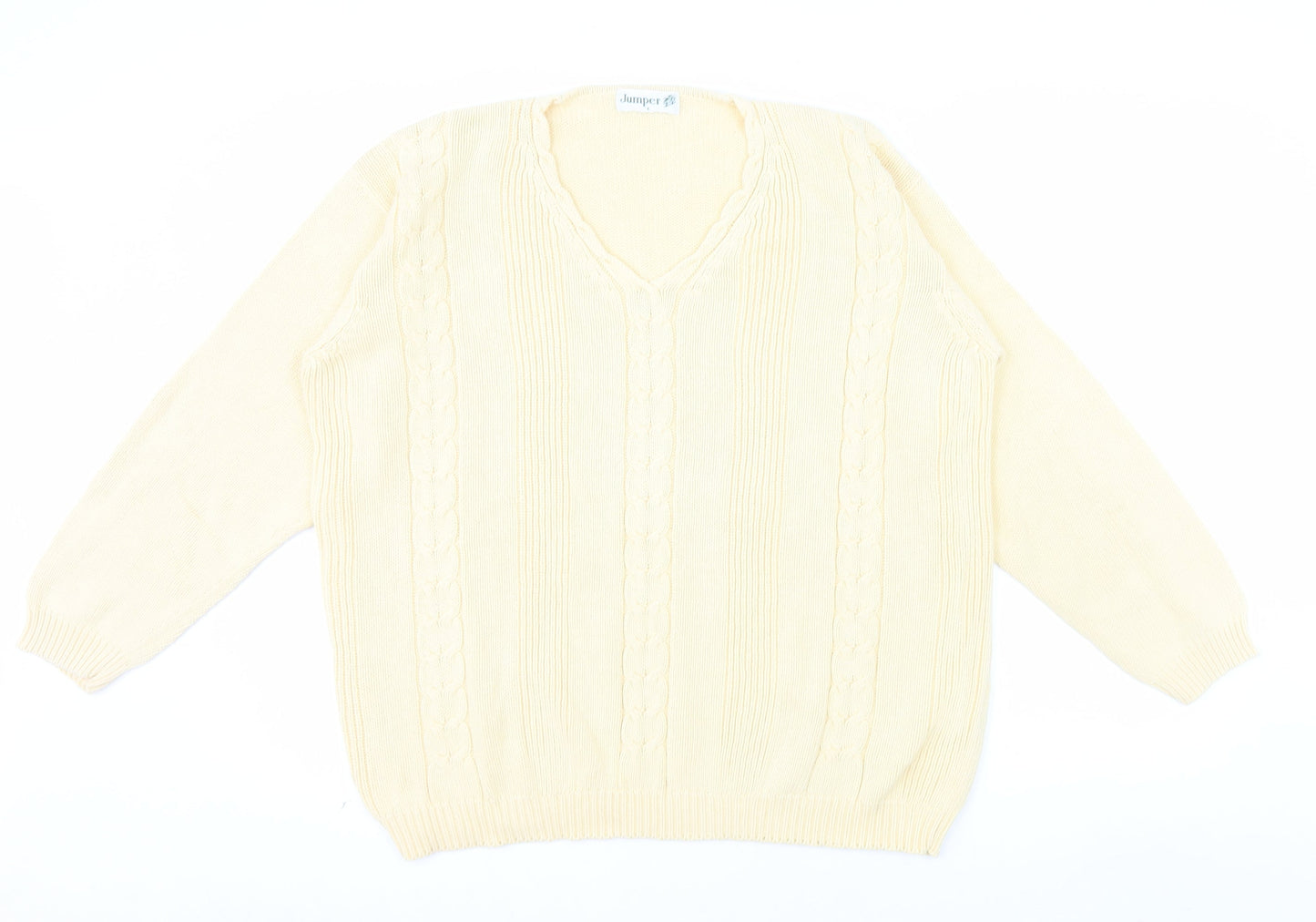 Jumper Womens Beige V-Neck Cotton Cable Knit Pullover L