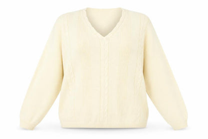 Jumper Womens Beige V-Neck Cotton Cable Knit Pullover L