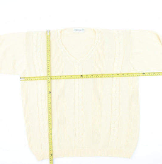 Jumper Womens Beige V-Neck Cotton Cable Knit Pullover L
