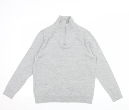 Moss Mens Grey L Half Zip Merino Wool Blend Jumper