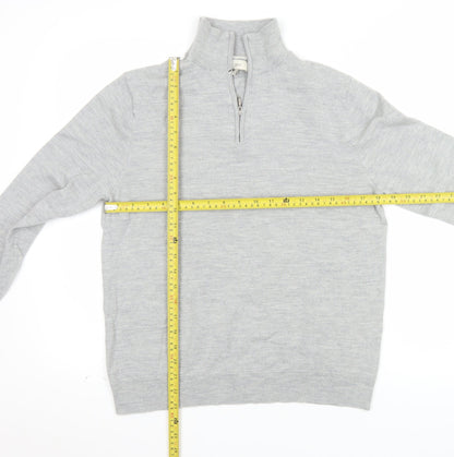 Moss Mens Grey L Half Zip Merino Wool Blend Jumper