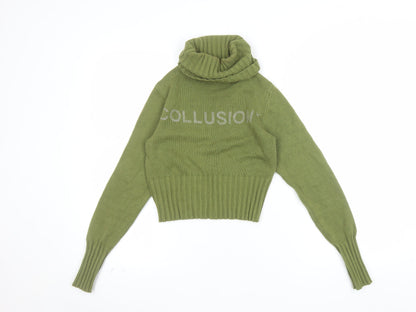 Collusion Women's Green Roll Neck Logo Jumper Size 4