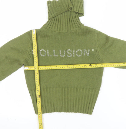 Collusion Women's Green Roll Neck Logo Jumper Size 4