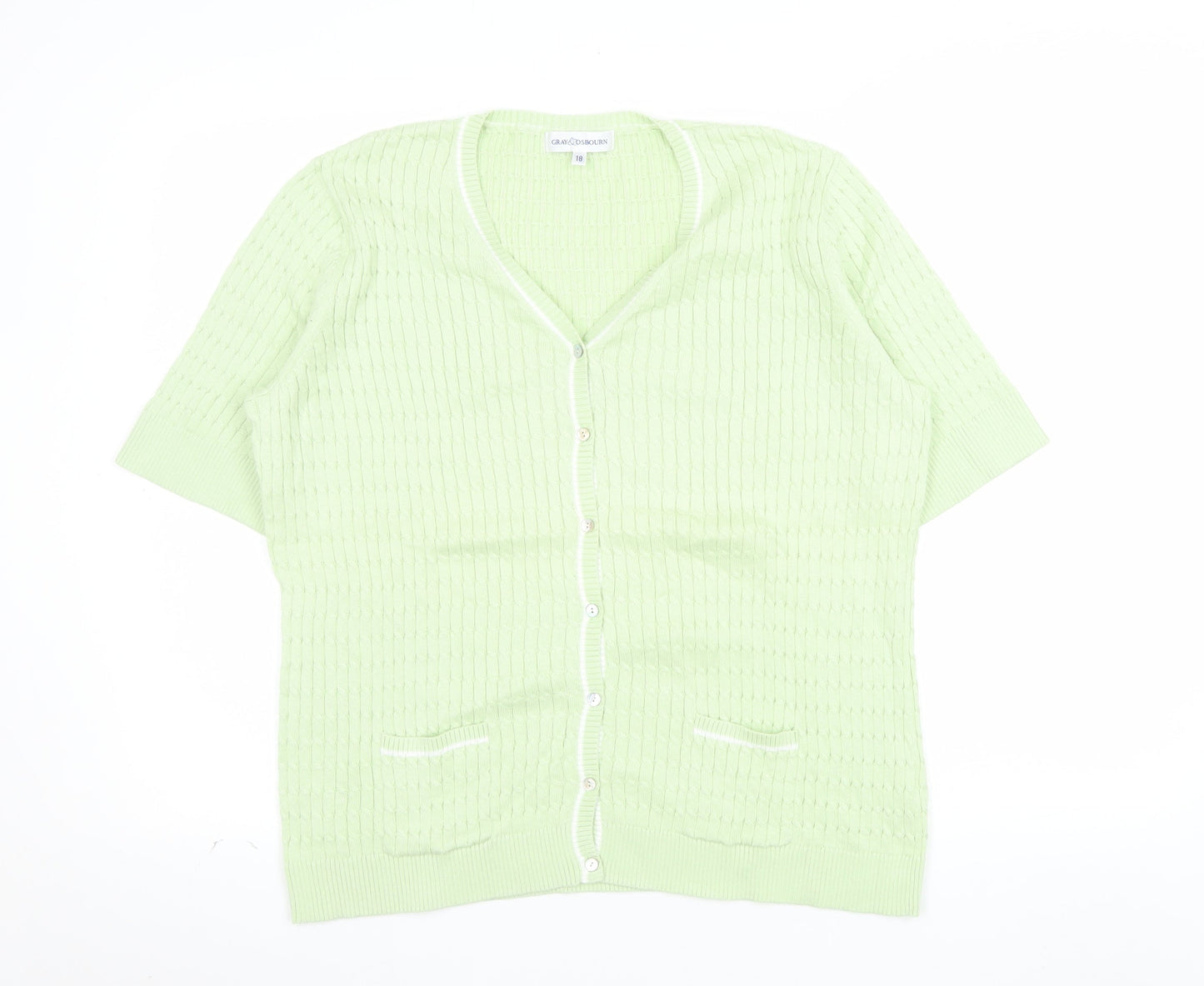 Gray & Osbourn Women's Green Cotton V-Neck Short Sleeve Cardigan Size 18
