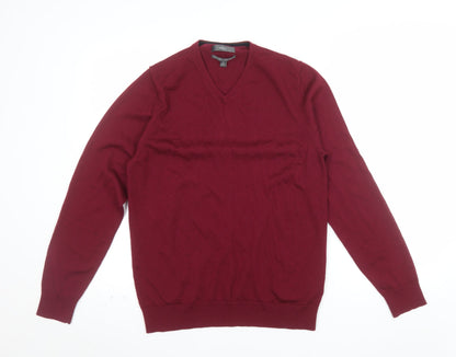 Marks and Spencer Mens Red Merino Wool V-Neck Jumper M