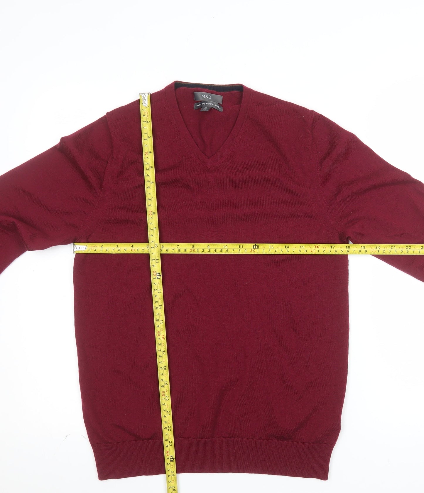 Marks and Spencer Mens Red Merino Wool V-Neck Jumper M