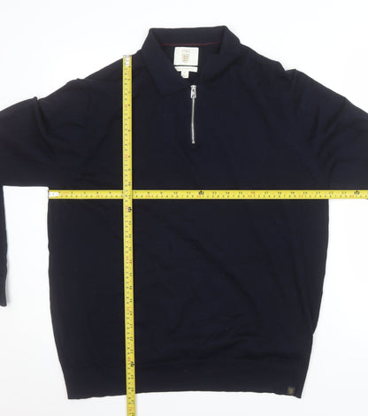 Marks and Spencer Men's Blue XL Merino Wool Half Zip Jumper