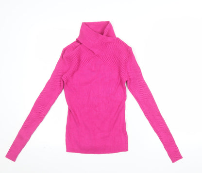 Warehouse Women's Pink Roll Neck Ribbed Knit Slim Fit Jumper Size S