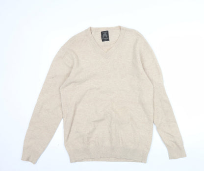 Next Men Beige Wool Cashmere V-Neck Jumper Size Large