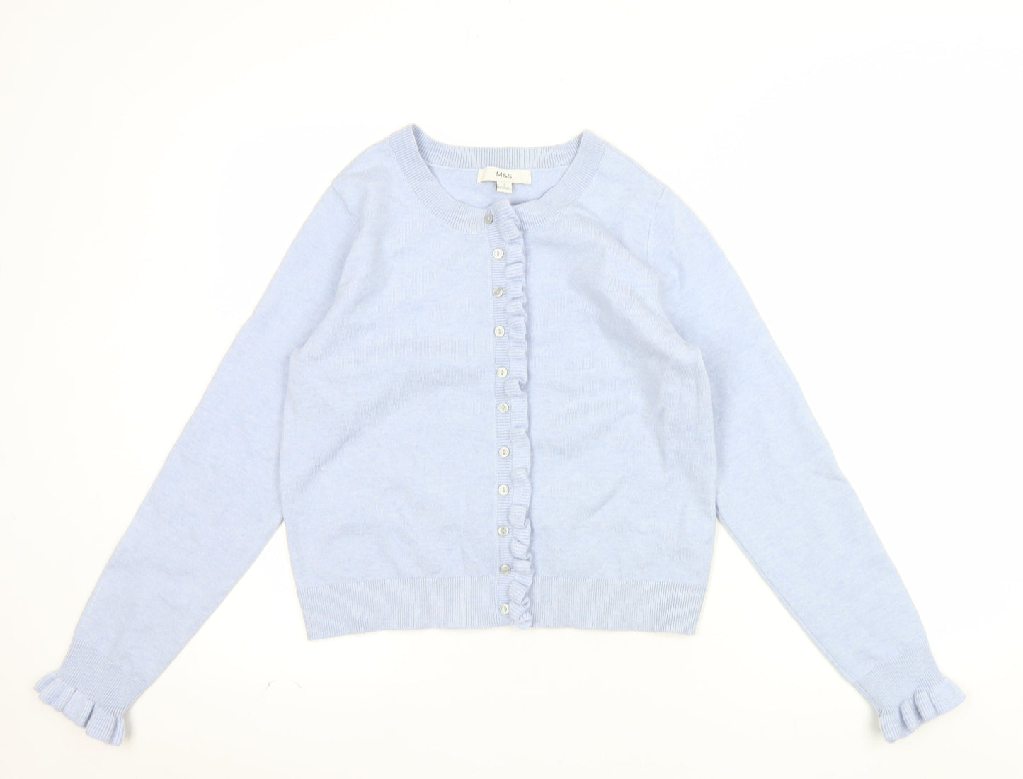 Marks and Spencer Women Blue Button Cardigan Small Ruffle Trim Knit