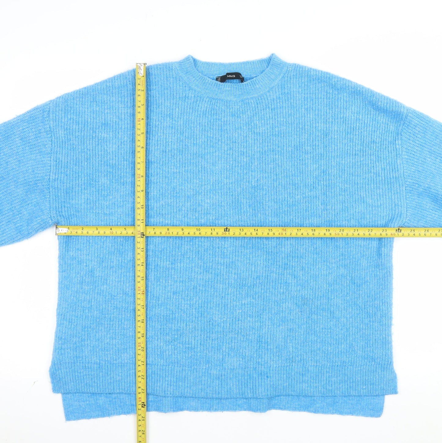 Mango Women’s Blue Ribbed Crew Neck Long Sleeve Pullover Jumper Size 10