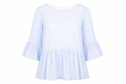 Phase Eight Women's Blue Striped Tunic Blouse UK 14 3/4 Bell Sleeve