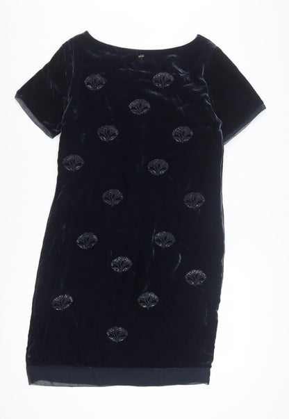 White Stuff Women's Blue Velvet Beaded Shift Dress Size 18