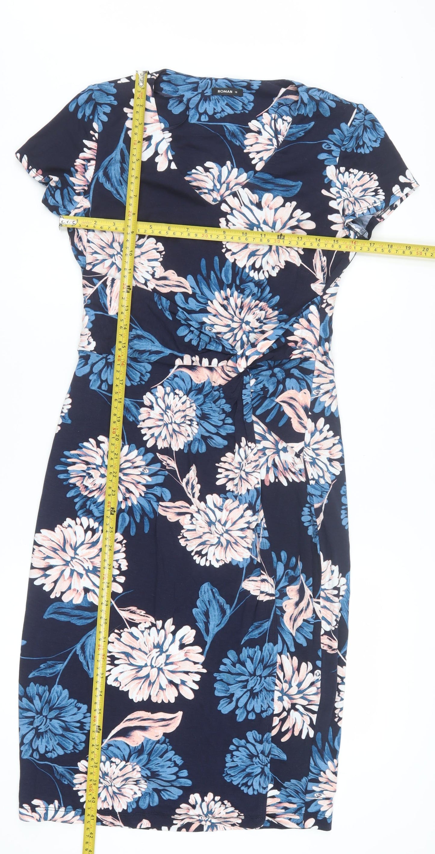Roman Women Blue Floral V-Neck Bodycon Knee Length Dress Size 10