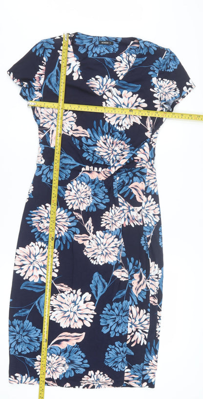 Roman Women Blue Floral V-Neck Bodycon Knee Length Dress Size 10