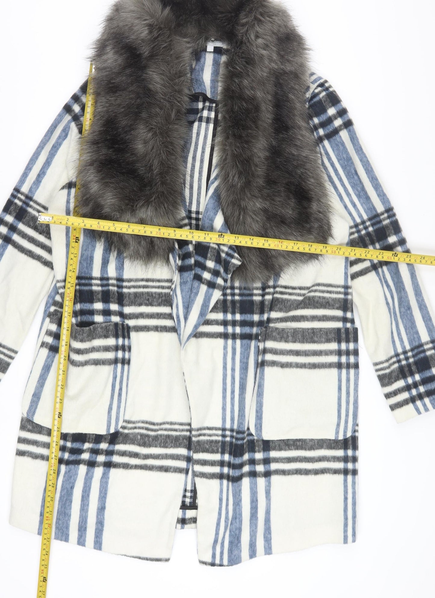 Red Herring Women’s Blue Check Faux Fur Collar Coat Size 14