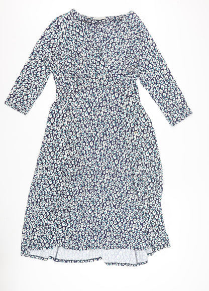 BHS Women’s Blue Animal Print Wrap Dress Size 14 V-Neck 3/4 Sleeve