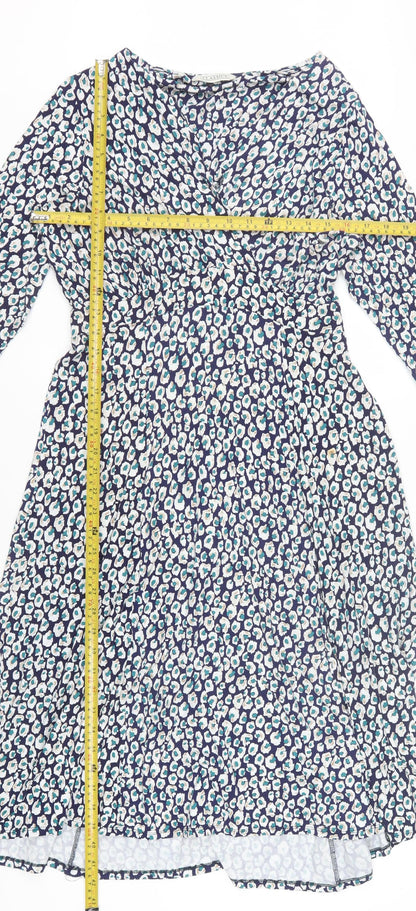 BHS Women’s Blue Animal Print Wrap Dress Size 14 V-Neck 3/4 Sleeve