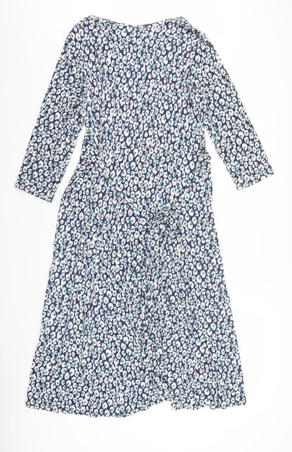 BHS Women’s Blue Animal Print Wrap Dress Size 14 V-Neck 3/4 Sleeve