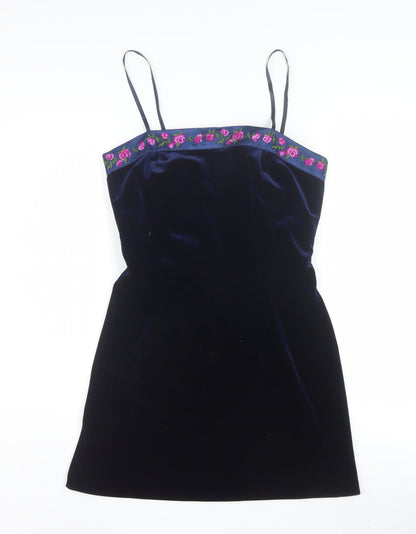 Papell Boutique Women Blue Velvet Slip Dress Size 8 Embroidered
