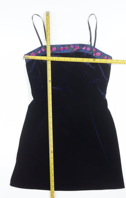 Papell Boutique Women Blue Velvet Slip Dress Size 8 Embroidered