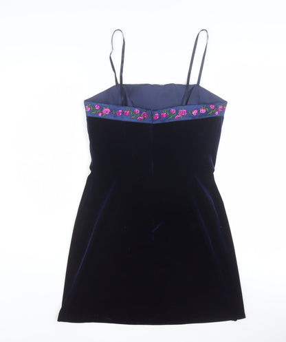 Papell Boutique Women Blue Velvet Slip Dress Size 8 Embroidered