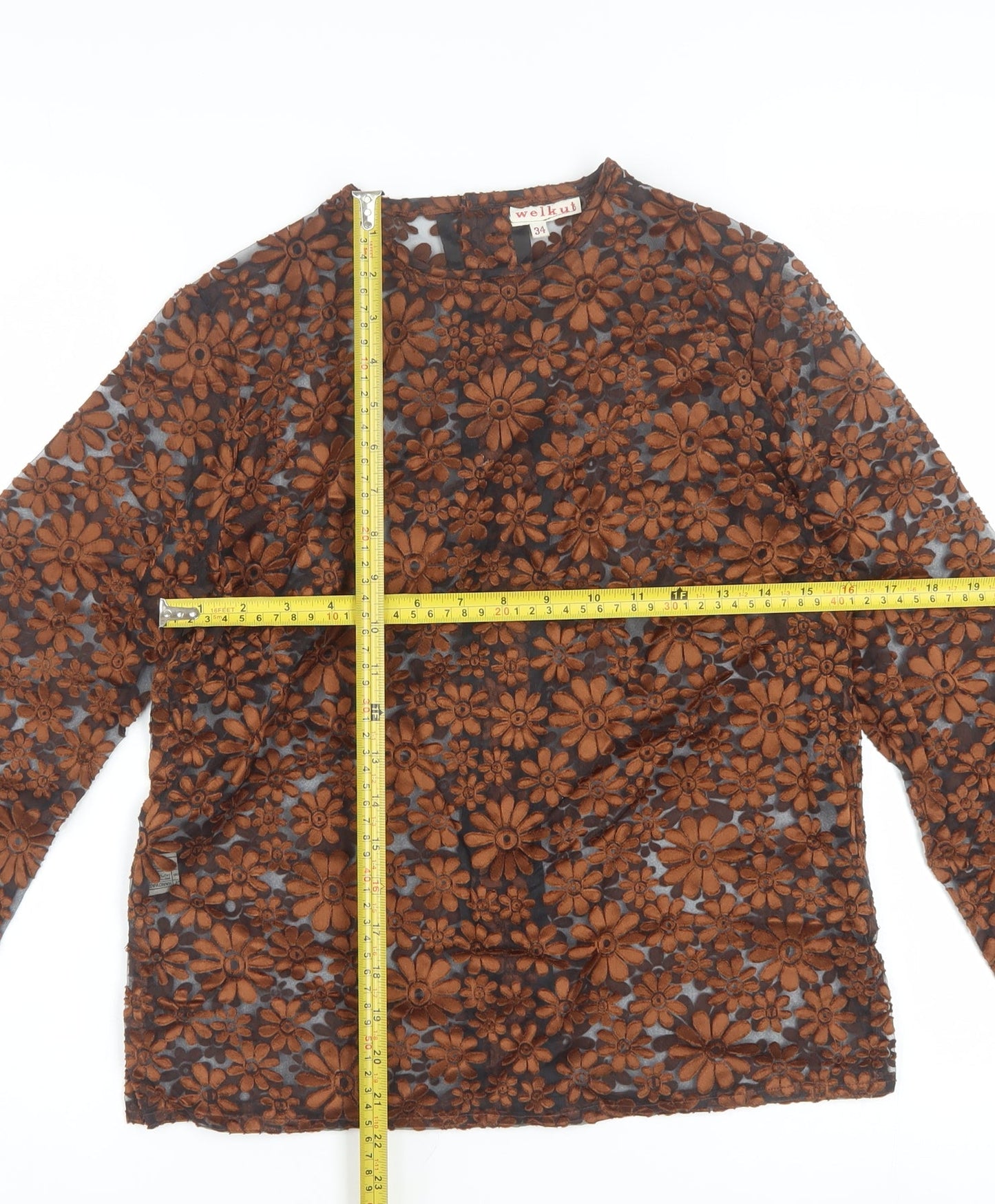 Welkut Women’s Brown Floral Sheer Button Blouse - Size 6