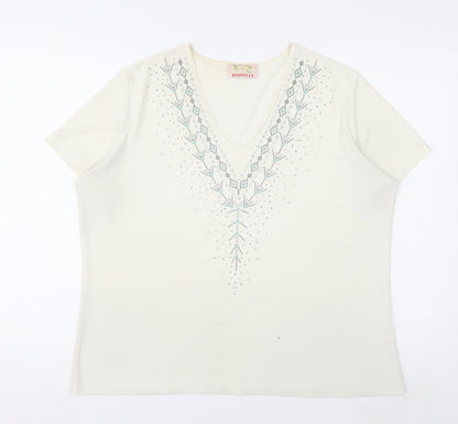 Riddella Women’s Ivory Beaded V-Neck Stretch T-Shirt Size 16