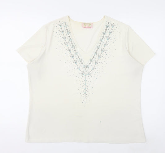 Riddella Women’s Ivory Beaded V-Neck Stretch T-Shirt Size 16