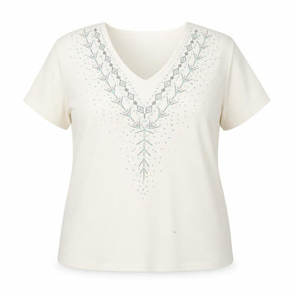 Riddella Women’s Ivory Beaded V-Neck Stretch T-Shirt Size 16