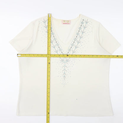 Riddella Women’s Ivory Beaded V-Neck Stretch T-Shirt Size 16