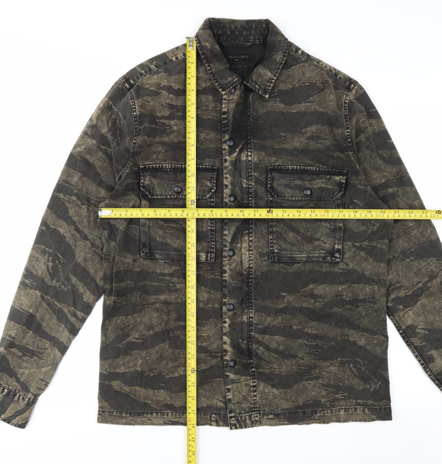 AllSaints Men's Green Camouflage Relaxed Fit Cotton Button-Up Shirt Small