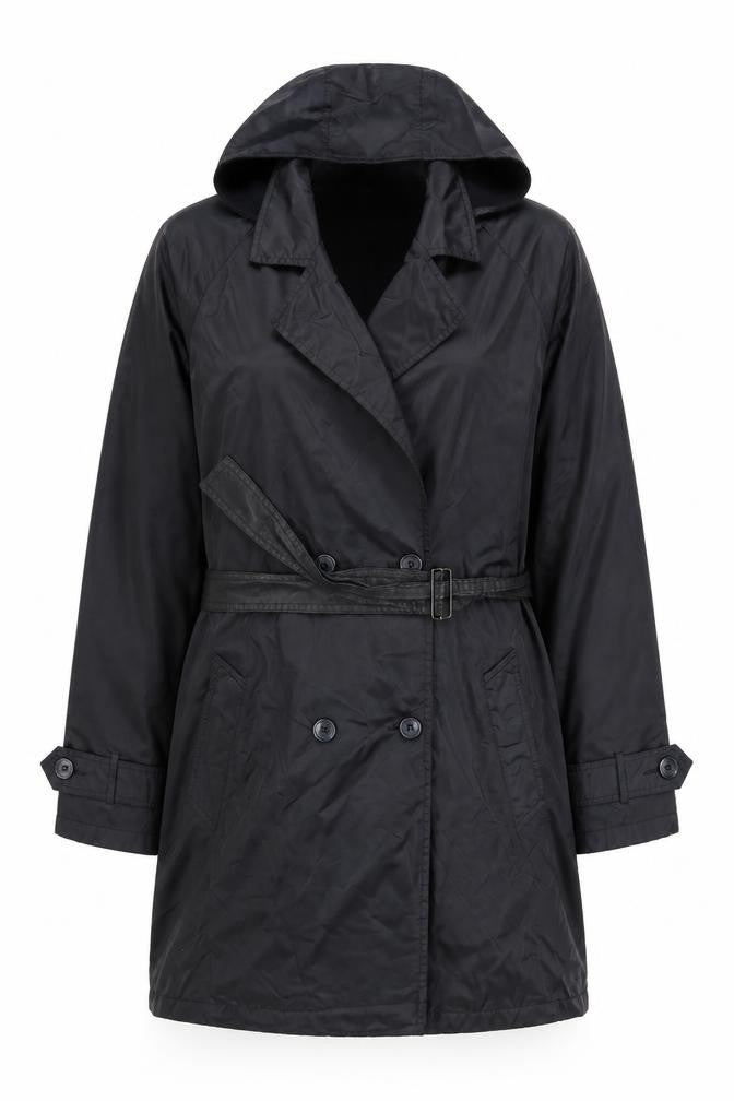 Klass Women’s Black Trench Coat Size 12 Hooded Belted Long