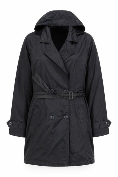 Klass Women’s Black Trench Coat Size 12 Hooded Belted Long