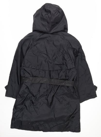 Klass Women’s Black Trench Coat Size 12 Hooded Belted Long