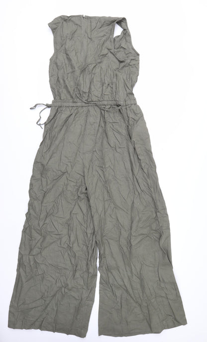 Marks and Spencer Women’s Green Linen Petite Wide-Leg Jumpsuit Size 10