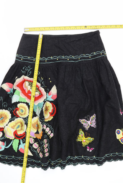 Whistles Women Black Floral Embroidered A-Line Skirt UK 10