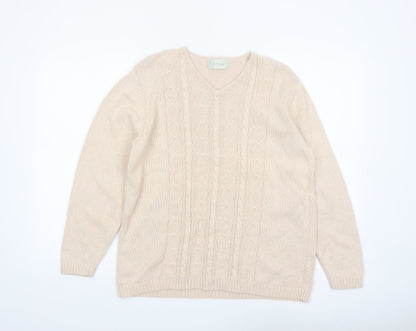 Jumper Women Beige V-Neck Cable-Knit Cotton Pullover L