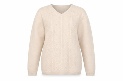 Jumper Women Beige V-Neck Cable-Knit Cotton Pullover L