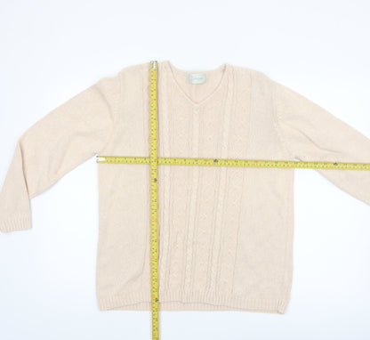 Jumper Women Beige V-Neck Cable-Knit Cotton Pullover L