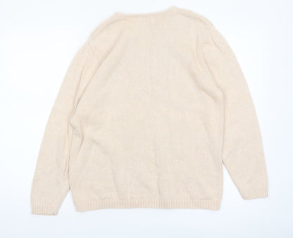 Jumper Women Beige V-Neck Cable-Knit Cotton Pullover L