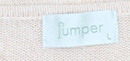 Jumper Women Beige V-Neck Cable-Knit Cotton Pullover L