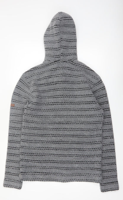 Weird Fish Men's Grey Henley Knit Hoodie Small Hooded Striped Jumper