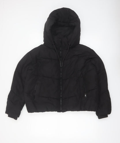 Zara Women Black Puffer Jacket Hooded Size 12 Polyester Short Winter Coat