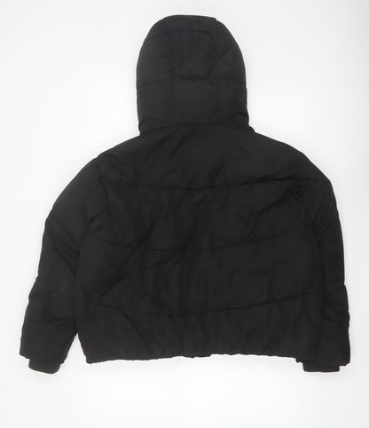 Zara Women Black Puffer Jacket Hooded Size 12 Polyester Short Winter Coat