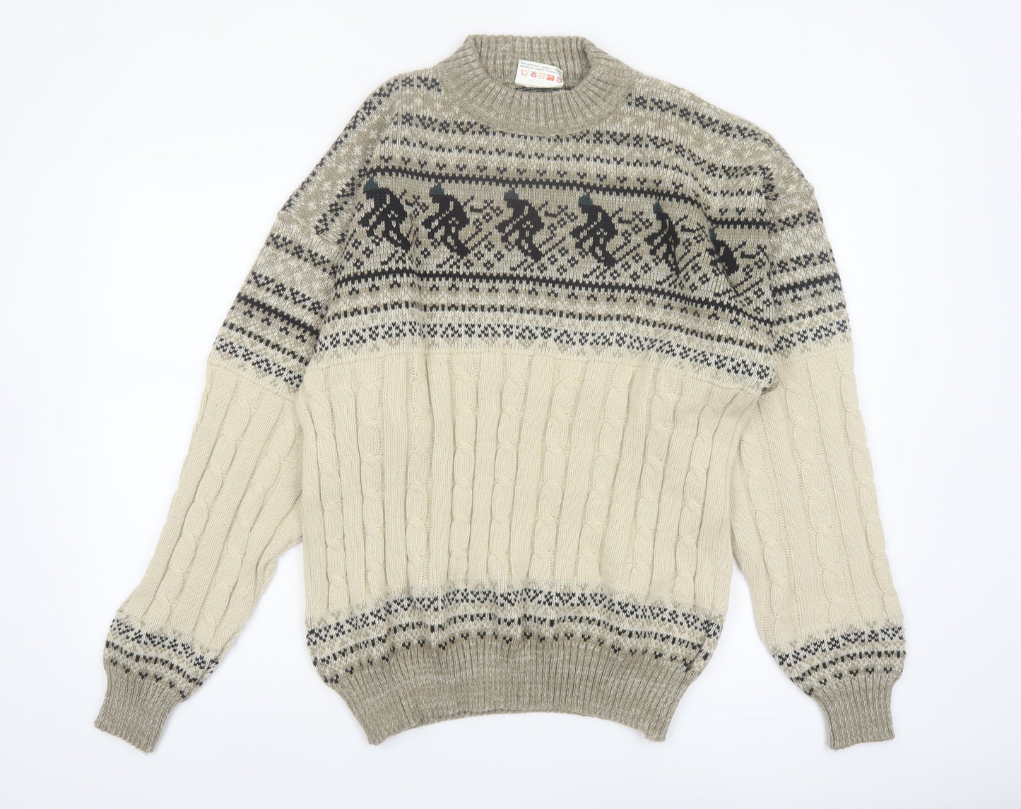 Comfort Zone Men’s Beige Fair Isle Cable-Knit Pullover Jumper XL